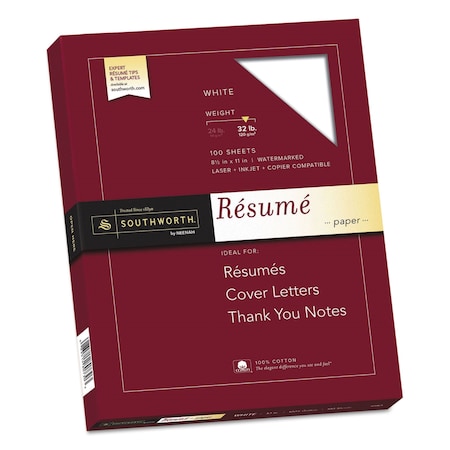 Southworth Resume Paper, 95 Bright, 32 lb Bond Weight, 8.5 x 11, White, PK100 RD18CF